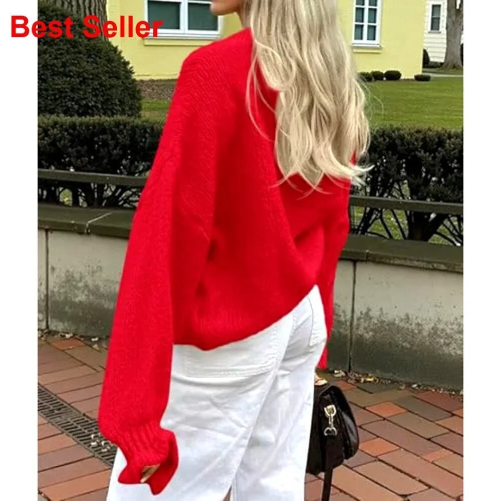 Cropped Chunky Knit Cardigan with Ruffle Sleeves, Mock Neck, Button Front
